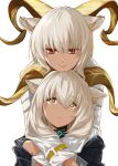  2girls animal_ears arknights bangs bare_shoulders beeswax_(arknights) blush carnelian_(arknights) closed_mouth collar dark-skinned_female dark_skin eye_contact eyebrows_visible_through_hair goat_ears goat_girl goat_horns highres horns hug hug_from_behind infection_monitor_(arknights) long_hair long_sleeves looking_at_another looking_down looking_up multiple_girls off_shoulder red_eyes shirt siblings silver_hair simple_background sisters smile upper_body white_background white_shirt yellow_eyes zenohori 