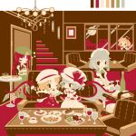  5girls :d :o bat_wings bell blonde_hair blue_hair bottle braid cake chandelier chibi cookie couch crossed_arms cup dress drinking_glass flandre_scarlet flat_color food food_on_face fruit grapes hat hat_ribbon hong_meiling izayoi_sakuya maid maid_headdress multiple_girls neck_ribbon one_eye_closed open_mouth puffy_short_sleeves puffy_sleeves redhead remilia_scarlet ribbon rumia saucer serving_cart shinonoko short_sleeves siblings silver_hair sisters sitting sleeping smile stairs star_(symbol) table teacup touhou twin_braids wine_glass wings 