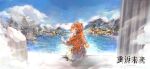  1girl blue_sky character_request clouds cloudy_sky copyright_name csyday dress hairband highres long_hair looking_at_viewer looking_back official_art orange_hair reverse:1999 sky solo tree village white_dress 