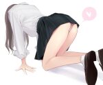  1girl ama_mitsuki ass black_hair brown_footwear brown_hair commentary facing_away from_behind heart long_hair original panties pantyshot shadow shirt shirt_tucked_in shoes socks solo symbol-only_commentary underwear white_background white_legwear white_panties white_shirt 