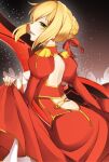  15nichi 1girl aestus_estus ahoge blonde_hair braid breasts cleavage commentary_request dress epaulettes fate/extra fate/grand_order fate_(series) french_braid green_eyes hair_intakes hair_ribbon juliet_sleeves large_breasts long_sleeves nero_claudius_(fate) nero_claudius_(fate)_(all) open_mouth puffy_sleeves red_dress red_ribbon ribbon saber_extra see-through solo sword weapon wide_sleeves 