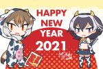 2021 2girls alternate_costume angry animal_costume animal_ears animal_print arms_at_sides bangs bare_shoulders bell belt bikini bikini_top bird_tail blush brown_hair chibi chinese_zodiac collar cow_costume cow_hood cow_print cowbell czechoslovakian_wolfdog_(kemono_friends)_(kitsunetsuki_itsuki) elbow_gloves embarrassed eyebrows_visible_through_hair fake_horns flat_chest full_body fur_collar gloves grey_hair hair_between_eyes happy_new_year head_tilt head_wings height_difference holding holding_sign hood hood_up horns japanese_wagtail_(kemono_friends)_(kitsunetsuki_itsuki) kemono_friends kitsunetsuki_itsuki looking_at_another looking_at_viewer medium_hair miniskirt multicolored_hair multiple_girls navel new_year open_mouth original parted_bangs parted_lips print_bikini print_gloves print_legwear red_eyes sign skirt smile standing stomach swimsuit tail thigh-highs v-shaped_eyebrows wolf_ears wolf_girl wolf_tail year_of_the_ox zettai_ryouiki 