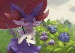  1girl alternate_color animal_ear_fluff animal_ears animal_nose blue_flower body_fur braixen clouds cloudy_sky commentary_request day flower fox_ears fox_girl fox_tail fur_collar furry furry_female grey_sky hands_up holding holding_umbrella komunyan oil-paper_umbrella open_mouth outdoors plant pokemon pokemon_(creature) purple_flower purple_fur red_eyes shiny_pokemon sky snout solo standing stick tail two-tone_fur umbrella white_fur 