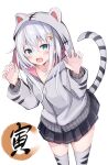  1girl animal_ears bangs blue_eyes blush collarbone eyebrows_visible_through_hair hair_ornament highres hoshinomiya_kunon hyurasan jacket long_hair long_sleeves miniskirt new_year original skirt socks star_(symbol) star_hair_ornament tail tiger_ears tiger_tail white_background 