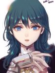  1girl bangs blue_eyes blue_hair byleth_(fire_emblem) byleth_eisner_(female) commentary_request fire_emblem fire_emblem:_three_houses hand_up highres long_hair looking_at_viewer oyasu_(kinakoyamamori) parted_lips portrait simple_background solo white_background 