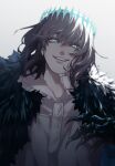  1boy blue_eyes cape crown fate/grand_order fate_(series) fur-trimmed_cape fur_trim grey_hair grin highres long_hair looking_at_viewer male_focus oberon_(fate) shirt smile solo upper_body waniwani4869 white_background 