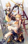  1boy 1girl akira_(ying) black_legwear black_sailor_collar black_shorts black_sleeves bow brother_and_sister brown_sleeves chain-link_fence commentary_request detached_sleeves electric_guitar feet_out_of_frame fence grey_skirt guitar holding holding_microphone instrument kagamine_len kagamine_rin ladder loose_socks microphone official_art plaid pleated_skirt road_sign sailor_collar shirt shoes short_shorts shorts siblings sign sitting skirt sleeveless sleeveless_shirt socks speaker stepladder twins vocaloid watermark web_address white_footwear white_shirt yellow_bow 