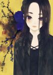  1girl black_hair black_jacket black_shirt blue_flower blue_rose braid braided_bun branch closed_mouth commentary_request expressionless floral_print flower highres jacket long_hair looking_at_viewer open_clothes open_jacket original parted_hair rose seal_impression shirt signature silk solo straight_hair upper_body ushiyama_ame violet_eyes yellow_background 