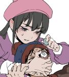  1boy 1girl bangs beanie beret black_hair blue_eyes brown_coat coat covering_mouth eyedrops hand_over_another&#039;s_mouth hand_over_face hat one_eye_closed pink_coat restrained sidelocks south_park stan_marsh sweatdrop wendy_testaburger zxdazppwk7ae2xw 