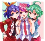  3girls ahoge blue_eyes blue_hair bracelet_girls choker earrings exposed_shoulders green_eyes green_hair high_ponytail hiiragi_yuzu jacket multiple_girls musical_note orange_hair pink_hair pink_neckwear rin_(yuu-gi-ou_arc-v) serena_(yuu-gi-ou_arc-v) short_twintails small_breasts smile suke_(pixiv12123823) uniform yellow_bow yu-gi-oh! yu-gi-oh!_arc-v yuu-gi-ou yuu-gi-ou_arc-v 