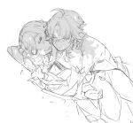  1boy 1girl blush cuddling genshin_impact greyscale hug jewelry lumine_(genshin_impact) monochrome necklace sketch sleeping tattoo tia_(tia_1207) xiao_(genshin_impact) 