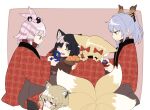  5girls akafuyu_(arknights) animal_ears arknights bangs black_hair blush bow bowl braid brown_background commentary_request dog_ears eyebrows_visible_through_hair facial_mark food forehead_mark fox_ears fox_girl fox_tail fruit grey_hair hair_between_eyes hair_bow hair_ornament hair_rings hairclip handheld_game_console holding kirara_(arknights) kitsune kotatsu kumamoto_aichi long_sleeves mandarin_orange multiple_girls parted_bangs pink_hair plaid ponytail red_bow saga_(arknights) suzuran_(arknights) table tail twin_braids two-tone_background utage_(arknights) violet_eyes white_background wide_sleeves x_hair_ornament 