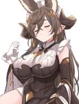  1girl :o animal_ears bangs blush breasts chain closed_eyes detached_sleeves extra_ears eyebrows_visible_through_hair frilled_sleeves frills galleon_(granblue_fantasy) gloves granblue_fantasy highres horns large_breasts long_hair multicolored_hair saito_katuo sidelocks solo streaked_hair very_long_hair white_gloves 