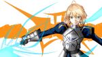  1girl ahoge artoria_pendragon_(all) blonde_hair blue_ribbon breasts cleavage_cutout clothing_cutout excalibur_(fate/stay_night) fate/grand_order fate/stay_night fate_(series) green_eyes hair_bun hair_ribbon holding holding_weapon juliet_sleeves long_sleeves medium_breasts motomuras puffy_sleeves ribbon saber solo sword weapon 