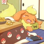  basket blush_stickers calendar_(object) closed_eyes commentary_request drooling flareon highres indoors lying mouth_drool nintendo_switch no_humans on_stomach open_mouth poke_ball_print pokemon pokemon_(creature) sleeping solo tongue yoshio_(yoshi00000091) 