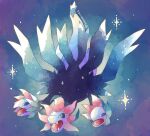  commentary_request fangs full_body hydreigon kotone11152 multicolored_background multiple_heads no_humans open_mouth pokemon pokemon_(creature) solo sparkle tongue twitter_username 