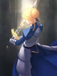  1girl ahoge artoria_pendragon_(all) blonde_hair blue_ribbon breasts cleavage_cutout clothing_cutout excalibur_(fate/stay_night) fate/grand_order fate/stay_night fate_(series) fork_(pixiv2982565) green_eyes hair_bun hair_ribbon holding holding_weapon juliet_sleeves long_sleeves medium_breasts puffy_sleeves ribbon saber solo sword weapon 