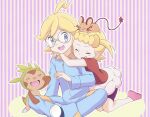  1boy 1girl :d bike_shorts blonde_hair blue_jumpsuit blush bonnie_(pokemon) brother_and_sister brown_shirt chespin clemont_(pokemon) closed_eyes commentary_request dedenne eyelashes glasses grey_eyes hug hug_from_behind jumpsuit kouzuki_(reshika213) long_sleeves on_head open_mouth pink_footwear pokemon pokemon_(anime) pokemon_(creature) pokemon_on_head pokemon_xy_(anime) round_eyewear shirt shoes short_hair short_sleeves siblings sitting skirt smile tongue white_skirt zipper_pull_tab 