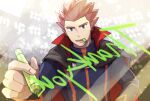  1boy black_cape blue_jacket cape grey_eyes highres holding holding_pen imasara_maki jacket lance_(pokemon) long_sleeves looking_down male_focus mouth_hold pen pokemon pokemon_(game) pokemon_hgss popped_collar redhead short_hair solo spiky_hair turtleneck turtleneck_jacket upper_body writing 