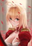  1girl aestus_estus ahoge blonde_hair braid breasts cleavage commentary_request dress epaulettes fate/extra fate/grand_order fate_(series) french_braid green_eyes hair_intakes hair_ribbon juliet_sleeves large_breasts long_sleeves nero_claudius_(fate) nero_claudius_(fate)_(all) puffy_sleeves red_dress red_ribbon ribbon saber_extra see-through solo sword turbulence weapon wide_sleeves 