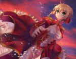  1girl aestus_estus ahoge blonde_hair braid breasts cleavage commentary_request dress epaulettes fate/extra fate/grand_order fate_(series) french_braid green_eyes hair_intakes hair_ribbon juliet_sleeves large_breasts long_sleeves nero_claudius_(fate) nero_claudius_(fate)_(all) puffy_sleeves red_dress red_ribbon ribbon saber_extra see-through solo sword timins weapon wide_sleeves 