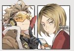  2boys artist_name bangs black_gloves blonde_hair boku_no_hero_academia border brown_jacket cat closed_mouth crossover english_commentary facial_hair feathered_wings forehead gloves goatee goggles haikyuu!! hawks_(boku_no_hero_academia) headphones holding holding_phone index_finger_raised jacket kadeart kozume_kenma looking_at_viewer multiple_boys parted_bangs phone red_wings short_hair simple_background slit_pupils smile spiky_hair stubble thick_eyebrows white_background white_border wings yellow_eyes 