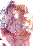  2girls aino_minako bishoujo_senshi_sailor_moon black_hair blonde_hair blue_eyes bow choker circlet earrings elbow_gloves gloves hair_bow hino_rei inner_senshi jewelry long_hair miniskirt morisoba1213 multiple_girls orange_skirt outstretched_hand pleated_skirt red_skirt sailor_collar sailor_mars sailor_senshi sailor_venus skirt white_background white_gloves yuri 