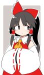  1girl ascot bangs black_eyes black_hair bow detached_sleeves eyebrows_visible_through_hair hair_bow hair_tubes hakurei_reimu hands_in_opposite_sleeves ini_(inunabe00) long_hair looking_to_the_side ponytail red_bow red_shirt shirt solo touhou upper_body yellow_ascot 