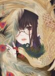  1girl bangs bird brown_eyes brown_hair closed_mouth commentary_request glasses hand_up highres long_hair looking_at_viewer nail_polish one_eye_covered original peacock purple_nails round_eyewear seal_impression signature solo ushiyama_ame 