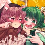  2girls animal_ears antlers blush cat_ears cat_girl commentary crying crying_with_eyes_open english_commentary eyebrows_visible_through_hair green_eyes green_hair hair_between_eyes haruka_karibu hat highres indie_virtual_youtuber long_sleeves looking_at_viewer multiple_girls open_mouth pink_eyes pink_hair shinominya_(vtuber) shinomiya_arts tears teeth tongue v 