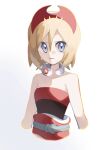  1girl bangs bare_arms blonde_hair blue_eyes collar collarbone commentary hair_between_eyes hat highres irida_(pokemon) looking_at_viewer medium_hair nino06aster pokemon pokemon_(game) pokemon_legends:_arceus red_headwear red_shirt sash shirt simple_background solo strapless strapless_shirt upper_body white_background 