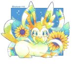  blush border closed_mouth commentary_request flower green_eyes kotone11152 leaf looking_at_viewer looking_to_the_side lying no_humans on_stomach pokemon pokemon_(creature) smile solo split_mouth sunflower sylveon twitter_username white_border 
