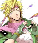  1boy battle_tendency blonde_hair caesar_anthonio_zeppeli chikusawa facial_mark feather_hair_ornament feathers fingerless_gloves gloves green_eyes green_jacket hair_ornament headband heart heart_hands jacket jojo_no_kimyou_na_bouken male_focus one_eye_closed pink_scarf scarf serious solo triangle_print 