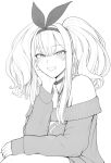  1girl azur_lane bare_shoulders big_hair blush bow bow_hairband bremerton_(azur_lane) choker greyscale grin hair_bow hairband looking_at_viewer lvl_(sentrythe2310) mole mole_under_eye monochrome off_shoulder simple_background sitting smile solo sweater twintails white_background 