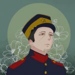  1boy beard black_hair closed_mouth facial_hair flower golden_kamuy green_background green_eyes half-closed_eyes hat looking_to_the_side lxjxng male_focus military military_hat military_uniform peaked_cap short_hair simple_background star_(symbol) tsukishima_hajime uniform upper_body 