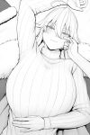 1girl ahoge blush breasts character_request closed_mouth greyscale hair_between_eyes hand_up highres huge_breasts long_sleeves looking_at_viewer lvl_(sentrythe2310) monochrome pov pov_hands ribbed_sweater smile solo_focus sweater symbol-only_commentary upper_body 