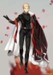  1boy belt belt_buckle black_cape black_clothes black_footwear black_gloves black_jacket black_pants blonde_hair buckle buttons cape double-breasted earrings epaulettes fate/grand_order fate_(series) formal full_body fur-trimmed_cape fur_trim gilgamesh_(fate) gloves highres jacket jewelry male_focus pants red_eyes red_scarf sakura_hitsuji scarf shoes shoulder_sash smile solo twitter_username 