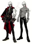  1boy abs black_pants closed_mouth gloves highres looking_at_viewer multiple_views muscular muscular_male navel original pants pectorals pigeon666 red_eyes shoes signature simple_background standing topless_male vest white_background 