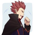 +++ 1boy black_cape border cape closed_eyes commentary_request from_side grey_background hand_up highres imasara_maki jacket lance_(pokemon) laughing long_sleeves male_focus open_mouth outside_border pokemon pokemon_(game) pokemon_hgss popped_collar redhead short_hair solo spiky_hair teeth tongue upper_body upper_teeth white_border 