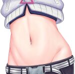  1girl belt black_shorts black_tank_top commentary cowboy_shot crop_top cropped_jacket groin head_out_of_frame highres hololive jacket midriff navel navel_piercing piercing ruler_symphony short_shorts shorts simple_background solo standing tank_top tokoyami_towa virtual_youtuber white_background white_jacket 