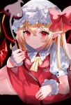  1girl blonde_hair blush bow crystal earrings flandre_scarlet hat hat_bow holding holding_polearm holding_weapon jewelry laevatein_(touhou) light_smile looking_at_viewer lying mob_cap nail_polish on_side one_side_up pointy_ears polearm red_bow red_eyes red_nails sakizaki_saki-p solo touhou weapon wings wrist_cuffs 