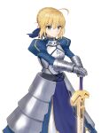  1girl ahoge artoria_pendragon_(all) blonde_hair blue_ribbon breasts cleavage_cutout clothing_cutout excalibur_(fate/stay_night) fate/grand_order fate/stay_night fate_(series) green_eyes hair_bun hair_ribbon holding holding_weapon juliet_sleeves long_sleeves medium_breasts puffy_sleeves ribbon saber solo sword tsurupy weapon 