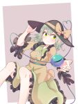  1girl arm_up blush bow feet_out_of_frame frills green_eyes green_hair hand_on_headwear hat hat_bow heart heart_of_string highres kalmia495 komeiji_koishi looking_to_the_side outstretched_arm simple_background smile solo third_eye touhou 