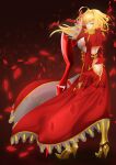  1girl aestus_estus ahoge blonde_hair braid breasts cleavage commentary_request dress epaulettes fate/extra fate/grand_order fate_(series) french_braid green_eyes hair_intakes hair_ribbon juliet_sleeves large_breasts long_sleeves nero_claudius_(fate) nero_claudius_(fate)_(all) niczierou puffy_sleeves red_dress red_ribbon ribbon saber_extra see-through solo sword weapon wide_sleeves 