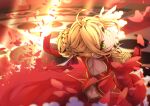  1girl aestus_estus ahoge asgr_yuma blonde_hair braid breasts cleavage commentary_request dress epaulettes fate/extra fate/grand_order fate_(series) french_braid green_eyes hair_intakes hair_ribbon juliet_sleeves large_breasts long_sleeves nero_claudius_(fate) nero_claudius_(fate)_(all) puffy_sleeves red_dress red_ribbon ribbon saber_extra see-through solo sword weapon wide_sleeves 