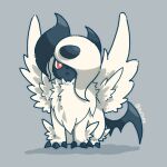  :&lt; absol bright_pupils claws closed_mouth commentary_request frown full_body grey_background kotone11152 mega_absol mega_pokemon no_humans pokemon pokemon_(creature) red_eyes sitting solo twitter_username white_fur white_pupils 