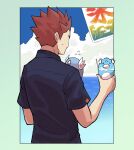  1boy alternate_costume clouds commentary_request cup day dratini hand_up highres holding holding_cup imasara_maki lance_(pokemon) male_focus ocean outdoors pokemon pokemon_(creature) pokemon_(game) pokemon_hgss redhead shaved_ice shirt short_hair short_sleeves sky spiky_hair sweatdrop 