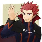  1boy black_cape blurry cape closed_mouth commentary_request grey_eyes hand_up highres imasara_maki jacket lance_(pokemon) long_sleeves looking_to_the_side male_focus pokemon pokemon_(game) pokemon_hgss popped_collar redhead short_hair smile solo spiky_hair upper_body waving 