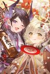  2girls :d absurdres bangs black_hair blonde_hair bottle butterfly_hair_ornament commentary_request cup eyebrows_visible_through_hair fang flower hair_between_eyes hair_flower hair_ornament halo highres japanese_clothes licking_lips light_blush looking_at_viewer mole mole_under_eye multiple_girls new_year noir_eku one_eye_closed original sakazuki sake_bottle short_hair skin_fang smile standing swept_bangs tongue tongue_out upper_body violet_eyes yellow_eyes 