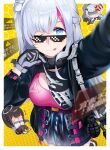  1girl absurdres bangs black_shirt blue_eyes closed_mouth clothes_lift explosive eyebrows_visible_through_hair feet_out_of_frame from_above girls&#039;_frontline_neural_cloud girls_frontline gloves grenade hair_ornament highres jwthor licking_lips long_hair looking_at_viewer mdr_(girls&#039;_frontline) multicolored_hair one_eye_closed pink_sports_bra selfie shirt shirt_lift silver_hair smile solo sports_bra standing tongue tongue_out white_gloves 